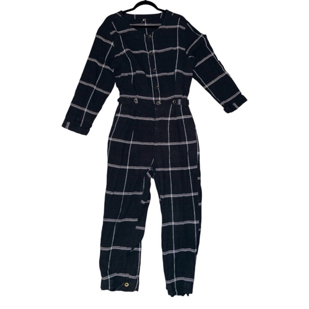 Free People Black Plaid Jumpsuit Small Button Front Gauze Modern Boho Casual - Picture 6 of 6